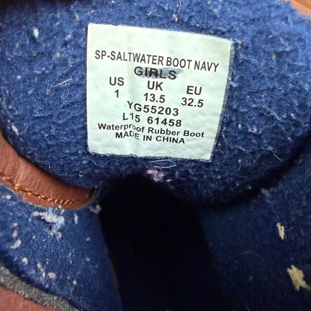 Sperry Saltwater Kids 1‎ Duck Boots Navy Brown Leather Fleece Lined Rain Boots